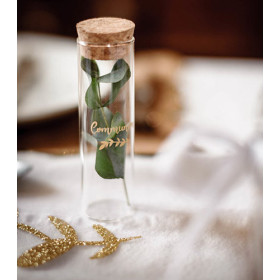Eprouvette à dragées baptême végétal doré verre 10 cm
